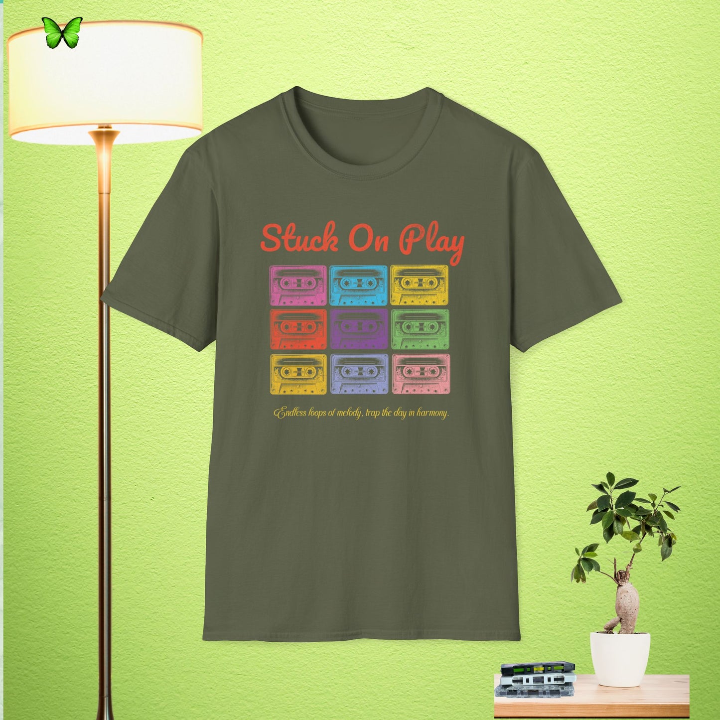 Stuck On Play Retro T-Shirt - Colorful Cassette Design, Perfect for Music Lovers