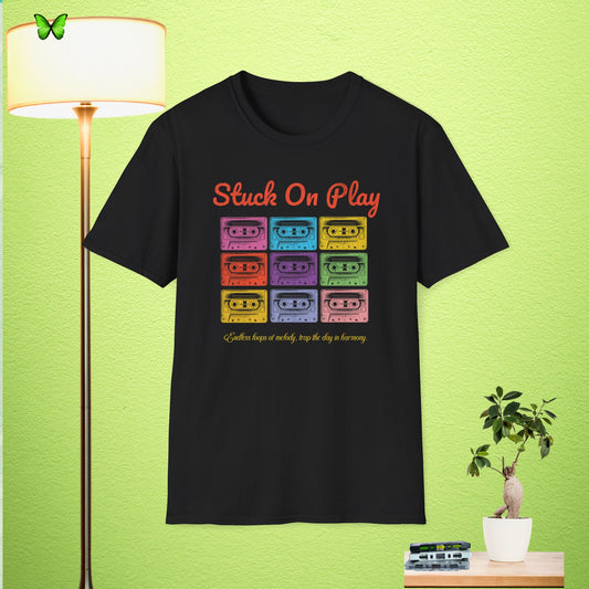 Stuck On Play Retro T-Shirt - Colorful Cassette Design, Perfect for Music Lovers