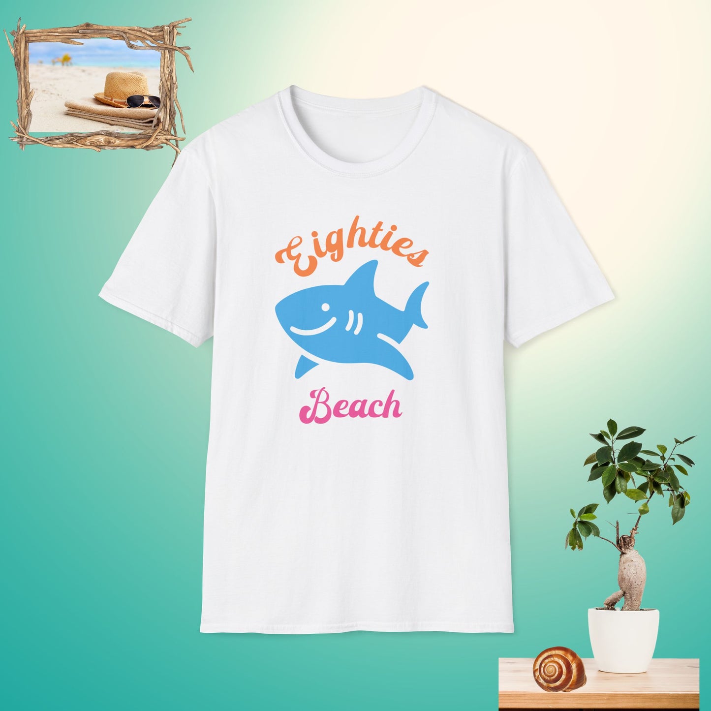 Retro Eighties Beach Shark Unisex Softstyle T-Shirt