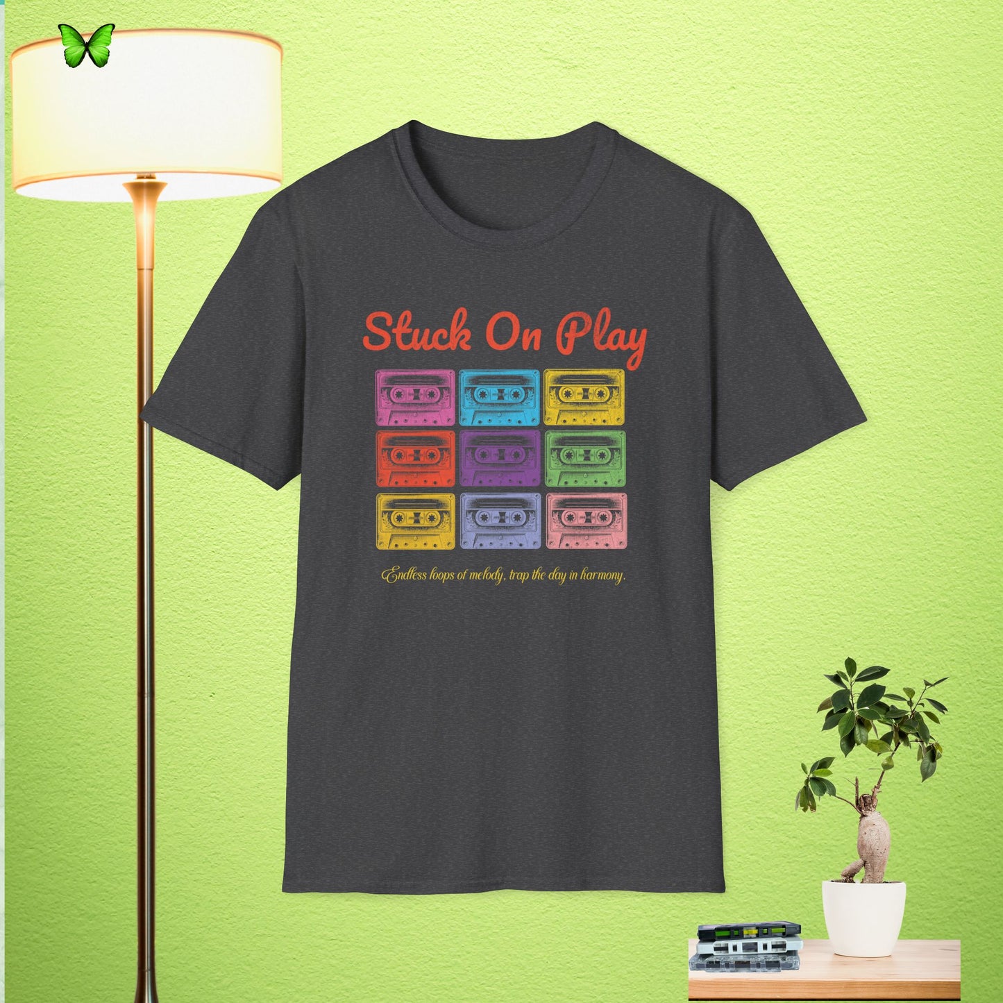 Stuck On Play Retro T-Shirt - Colorful Cassette Design, Perfect for Music Lovers